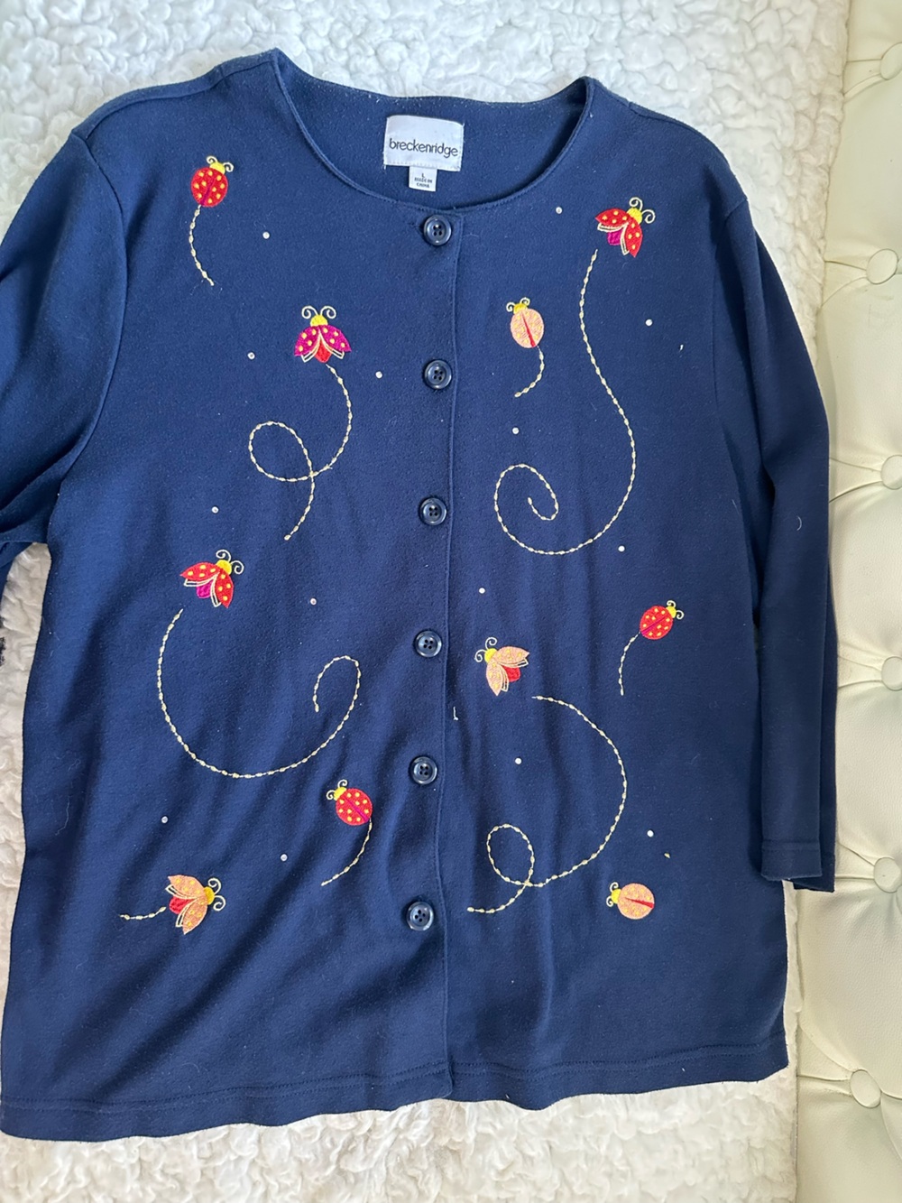 breckenridge Navy Embroidered Floral & Ladybug Button-Front Cardigan